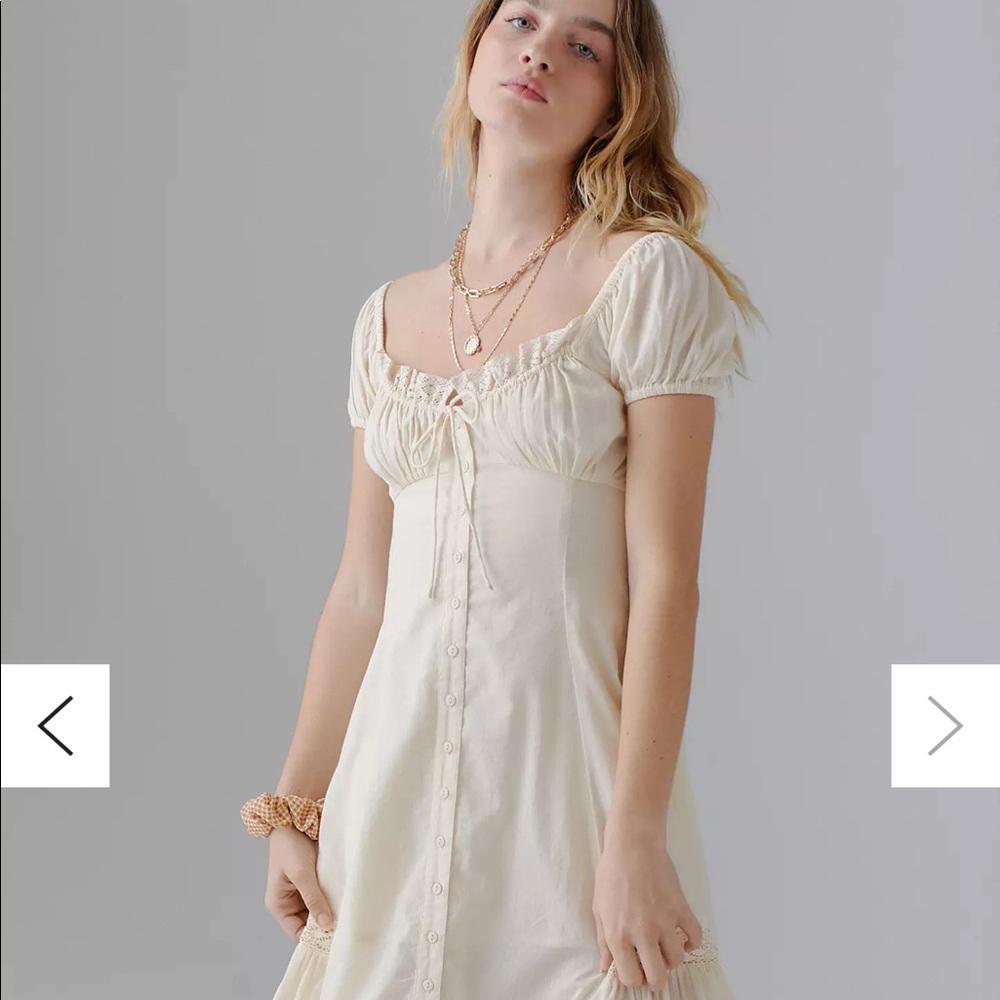 Urban Outfitters Carmen ruched midi dress Button-Front Puff Sleeve Dress